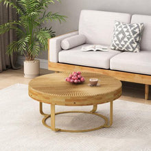 Carregar imagem no visualizador da galeria, 31.5" Modern round coffee table Wooden carving pattern coffee table with metal legs for living room reception room office Golden