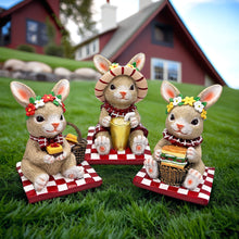 Carregar imagem no visualizador da galeria, Joyful Picnic Gathering Bunny Trio Set of Three Figurines, Spring Rabbit Statue 4.5" Decor