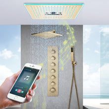Cargar imagen en el visor de la galería, 16-Inch Brushed Gold Flush Mount Shower Faucet Set with 6-Way Thermostatic Control, 64-Color LED, Bluetooth Music, Rainfall-Waterfall-Mist Features, Rotating Hydro Jet, and Regular Head