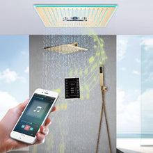 Cargar imagen en el visor de la galería, 16-Inch Brushed Gold Flush Mount Shower Faucet Set with 6-Way Thermostatic Control, 64-Color LED, Bluetooth Music, Rainfall-Waterfall-Mist Features, Rotating Hydro Jet, and Regular Head