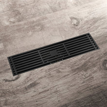Cargar imagen en el visor de la galería, 12-Inch Matte Black Rectangular Floor Drain - Square Hole Pattern Cover Grate - Removable - Includes Accessories