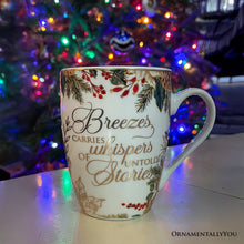 Carregar imagem no visualizador da galeria, Fancy Farmhouse Holiday Set of 4 Ceramic Mugs with Real Gold Trim, Rustic Christmas Kitchen Coffee Cup Decoration