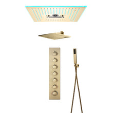 Cargar imagen en el visor de la galería, 16-Inch Brushed Gold Flush Mount Shower Faucet Set with 6-Way Thermostatic Control, 64-Color LED, Bluetooth Music, Rainfall-Waterfall-Mist Features, Rotating Hydro Jet, and Regular Head