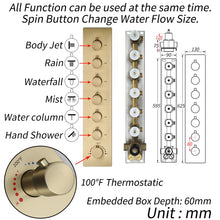 Cargar imagen en el visor de la galería, 16-Inch Brushed Gold Flush Mount Shower Faucet Set with 6-Way Thermostatic Control, 64-Color LED, Bluetooth Music, Rainfall-Waterfall-Mist Features, Rotating Hydro Jet, and Regular Head