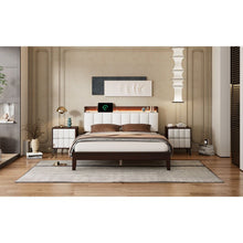 Carregar imagem no visualizador da galeria, 3-Pieces Bedroom Sets,Queen Size Wood Platform Bed and Two Nightstands,Storage Platform bed with USB and LED Lights-Walnut+Beige