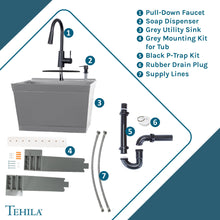 Load image into Gallery viewer, Tehila Standard Wall-Mounted Grey Utility Sink with Black Finish Pull-Down Faucet