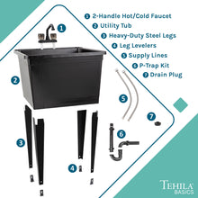 Cargar imagen en el visor de la galería, Tehila Basics Freestanding Black Utility Sink with Black Finish Dual Handle Utility Faucet