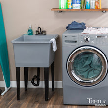 Load image into Gallery viewer, Tehila Basics Freestanding Grey Utility Sink with Black Finish Dual Handle Utility Faucet