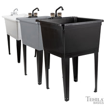 Load image into Gallery viewer, Tehila Basics Freestanding Grey Utility Sink with Black Finish Dual Handle Utility Faucet