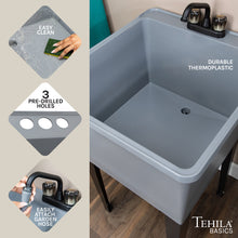 Load image into Gallery viewer, Tehila Basics Freestanding Grey Utility Sink with Black Finish Dual Handle Utility Faucet
