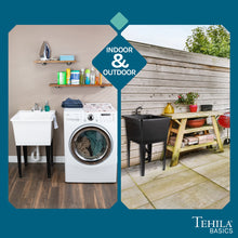 Load image into Gallery viewer, Tehila Basics Freestanding Grey Utility Sink with Black Finish Dual Handle Utility Faucet