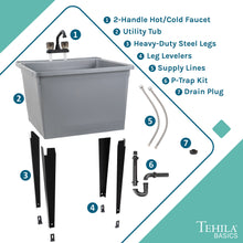 Load image into Gallery viewer, Tehila Basics Freestanding Grey Utility Sink with Black Finish Dual Handle Utility Faucet