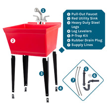 Cargar imagen en el visor de la galería, Tehila Standard Freestanding Red Utility Sink with Stainless Steel Finish Pull-Out Faucet