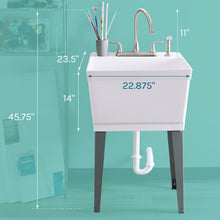 Load image into Gallery viewer, Tehila Standard Freestanding White Utility Sink with Grey Legs and Stainless Steel Finish Wide-set Gooseneck Faucet with Side Sprayer