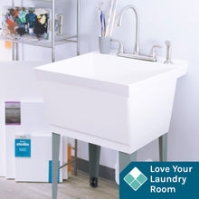 Load image into Gallery viewer, Tehila Standard Freestanding White Utility Sink with Grey Legs and Stainless Steel Finish Wide-set Gooseneck Faucet with Side Sprayer