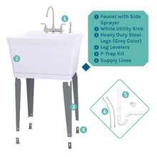 Load image into Gallery viewer, Tehila Standard Freestanding White Utility Sink with Grey Legs and Stainless Steel Finish Wide-set Gooseneck Faucet with Side Sprayer