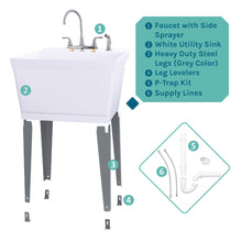 Cargar imagen en el visor de la galería, Tehila Standard Freestanding White Utility Sink with Grey Legs and Chrome Finish Wide-set Gooseneck Faucet with Side Sprayer