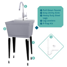 Cargar imagen en el visor de la galería, Tehila Standard Freestanding Grey Utility Sink with Chrome Finish High-Arc Pull-Down Faucet