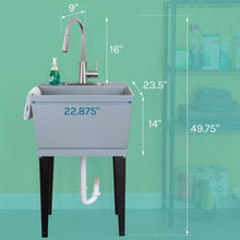 Load image into Gallery viewer, Tehila Standard Freestanding Grey Utility Sink with Stainless Steel Finish High-Arc Pull-Down Faucet