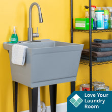 Load image into Gallery viewer, Tehila Standard Freestanding Grey Utility Sink with Stainless Steel Finish High-Arc Pull-Down Faucet