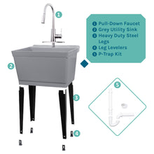 Load image into Gallery viewer, Tehila Standard Freestanding Grey Utility Sink with Stainless Steel Finish High-Arc Pull-Down Faucet