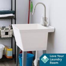 Load image into Gallery viewer, Tehila Standard Freestanding White Utility Sink with Stainless Steel Finish High-Arc Pull-Down Faucet