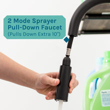 Carregar imagem no visualizador da galeria, Tehila Standard Freestanding White Utility Sink with Black Finish High-Arc Pull-Down Faucet and Soap Dispenser