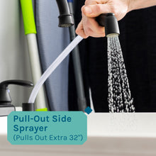 Cargar imagen en el visor de la galería, Tehila Standard Freestanding White Utility Sink with Black Legs and Black Finish Wide-set Gooseneck Faucet with Side Sprayer