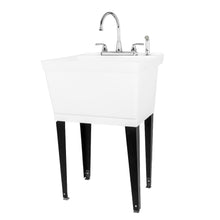 Load image into Gallery viewer, Tehila Standard Freestanding White Utility Sink with Black Legs and Chrome Finish Wide-set Gooseneck Faucet with Side Sprayer