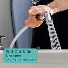 Load image into Gallery viewer, Tehila Standard Freestanding White Utility Sink with Black Legs and Chrome Finish Wide-set Gooseneck Faucet with Side Sprayer