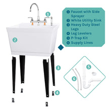 Load image into Gallery viewer, Tehila Standard Freestanding White Utility Sink with Black Legs and Chrome Finish Wide-set Gooseneck Faucet with Side Sprayer