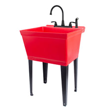 Cargar imagen en el visor de la galería, Tehila Standard Freestanding Red Utility Sink with Black Legs and Black Finish Wide-set Gooseneck Faucet with Side Sprayer