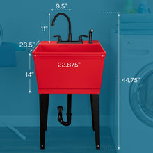 Cargar imagen en el visor de la galería, Tehila Standard Freestanding Red Utility Sink with Black Legs and Black Finish Wide-set Gooseneck Faucet with Side Sprayer