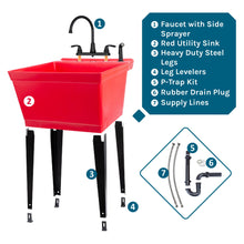 Cargar imagen en el visor de la galería, Tehila Standard Freestanding Red Utility Sink with Black Legs and Black Finish Wide-set Gooseneck Faucet with Side Sprayer