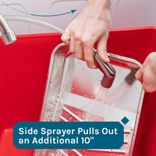 Carregar imagem no visualizador da galeria, Tehila Standard Freestanding Red Utility Sink with Black Legs and Stainless Steel Finish Wide-set Gooseneck Faucet with Side Sprayer