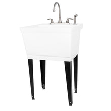 Load image into Gallery viewer, Tehila Standard Freestanding White Utility Sink with Black Legs and Stainless Steel Finish Wide-set Gooseneck Faucet with Side Sprayer