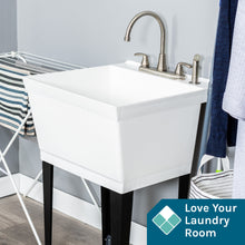 Load image into Gallery viewer, Tehila Standard Freestanding White Utility Sink with Black Legs and Stainless Steel Finish Wide-set Gooseneck Faucet with Side Sprayer