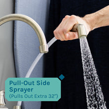 Load image into Gallery viewer, Tehila Standard Freestanding White Utility Sink with Black Legs and Stainless Steel Finish Wide-set Gooseneck Faucet with Side Sprayer