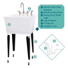 Load image into Gallery viewer, Tehila Standard Freestanding White Utility Sink with Black Legs and Stainless Steel Finish Wide-set Gooseneck Faucet with Side Sprayer