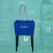 Load image into Gallery viewer, Tehila Standard Freestanding Blue Utility Sink with Stainless Steel Finish High-Arc Coil Pull-Down Faucet