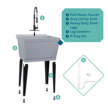 Carregar imagem no visualizador da galeria, Tehila Standard Freestanding Grey Utility Sink with Black Finish High-Arc Coil Pull-Down Faucet