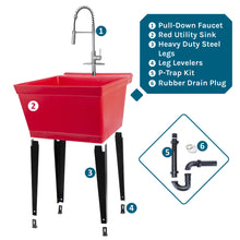Cargar imagen en el visor de la galería, Tehila Standard Freestanding Red Utility Sink with Stainless Steel Finish High-Arc Coil Pull-Down Faucet
