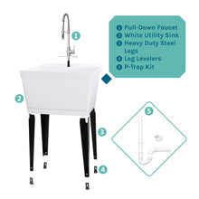 Cargar imagen en el visor de la galería, Tehila Standard Freestanding White Utility Sink with Stainless Steel Finish High-Arc Coil Pull-Down Faucet