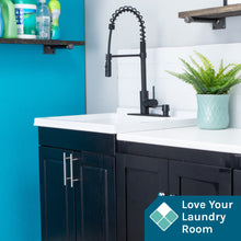 Load image into Gallery viewer, Tehila Black Vanity Cabinet and White Utility Sink with Black Finish High-Arc Coil Pull-Down Faucet
