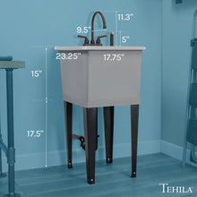 Load image into Gallery viewer, Tehila Space Saver Freestanding Grey Utility Sink with Black Finish Gooseneck Faucet and Side Sprayer