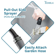 Load image into Gallery viewer, Tehila Space Saver Freestanding Grey Utility Sink with Black Finish Gooseneck Faucet and Side Sprayer