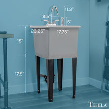 Load image into Gallery viewer, Tehila Space Saver Freestanding Grey Utility Sink with Chrome Finish Gooseneck Faucet and Side Sprayer