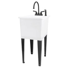Cargar imagen en el visor de la galería, Tehila Space Saver Freestanding White Utility Sink with Black Finish Gooseneck Faucet and Side Sprayer