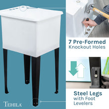 Cargar imagen en el visor de la galería, Tehila Space Saver Freestanding White Utility Sink with Black Finish Gooseneck Faucet and Side Sprayer