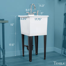 Load image into Gallery viewer, Tehila Space Saver Freestanding White Utility Sink with Chrome Finish Gooseneck Faucet and Side Sprayer